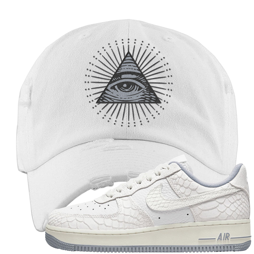 White Python AF 1s Distressed Dad Hat | All Seeing Eye, White