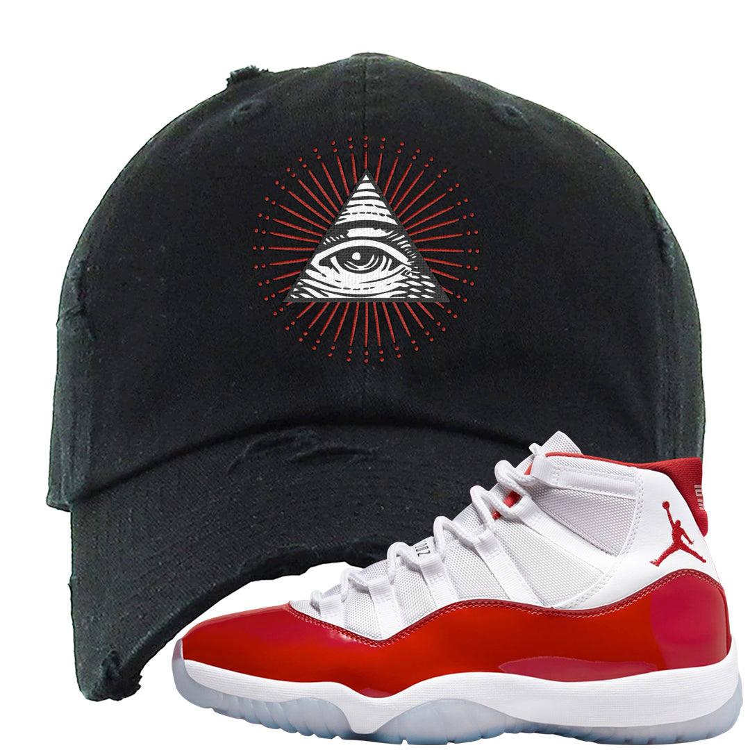 Cherry 11s Distressed Dad Hat | All Seeing Eye, Black
