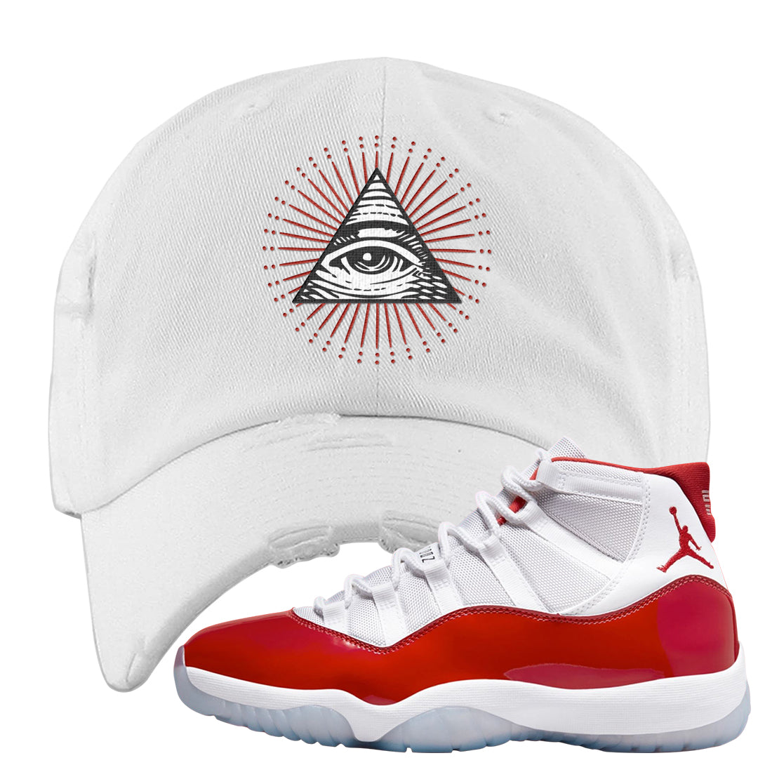 Cherry 11s Distressed Dad Hat | All Seeing Eye, White