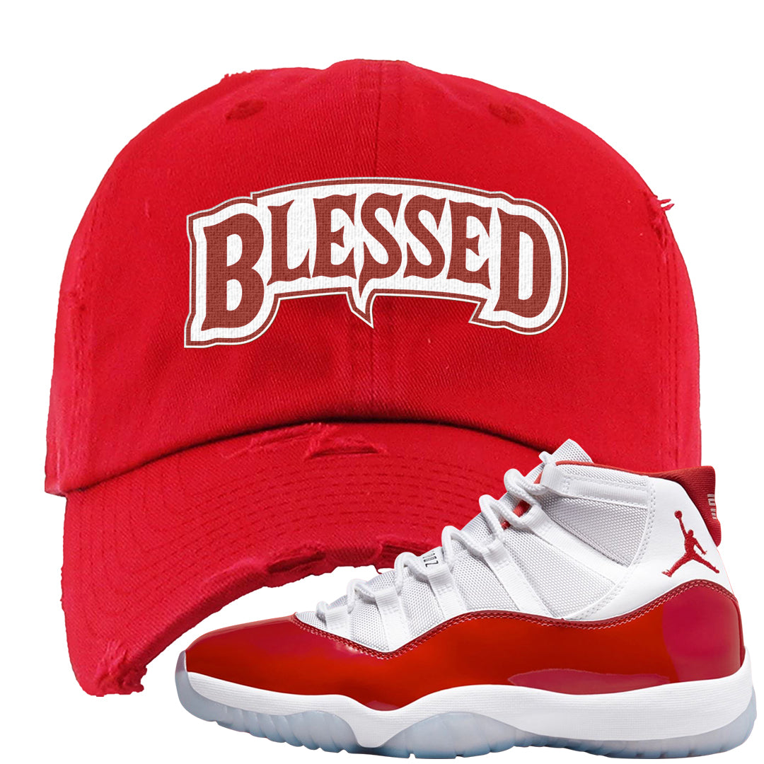 Cherry 11s Distressed Dad Hat | Blessed Arch, Red