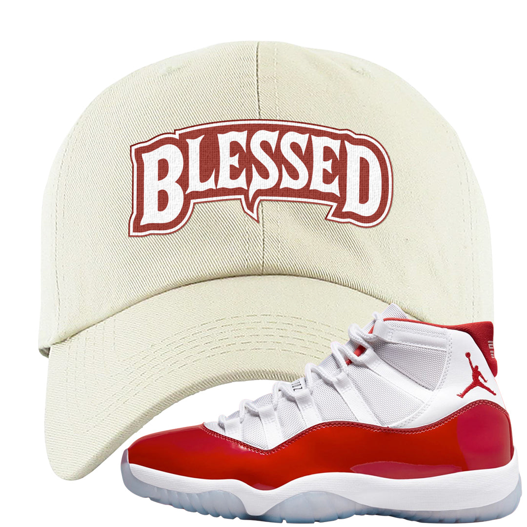 Cherry 11s Dad Hat | Blessed Arch, White