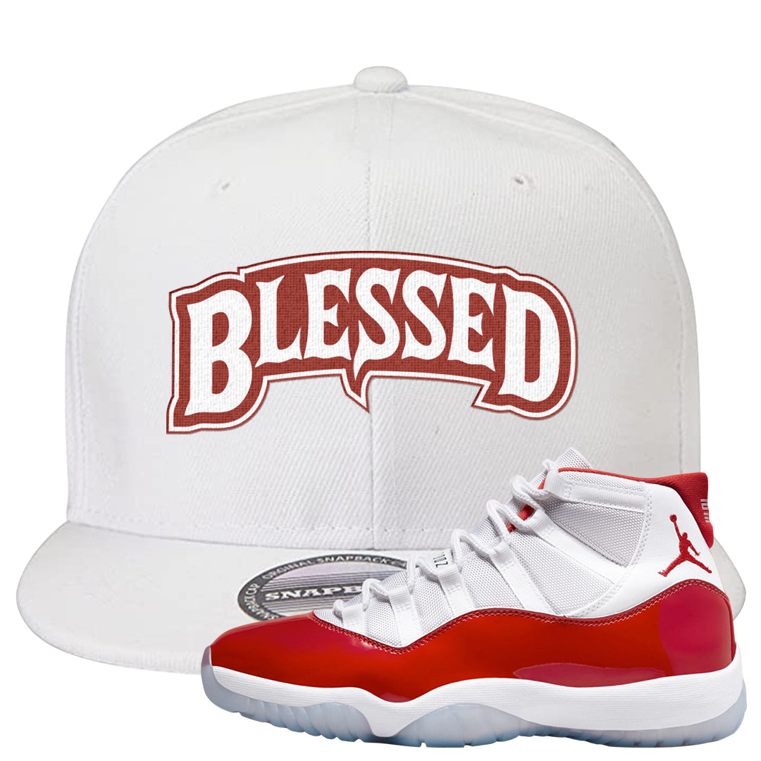 Cherry 11s Snapback Hat | Blessed Arch, White