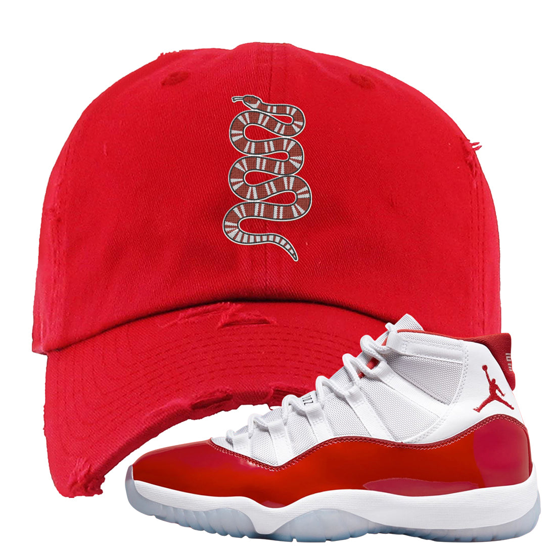 Cherry 11s Distressed Dad Hat | Coiled Snake, Red