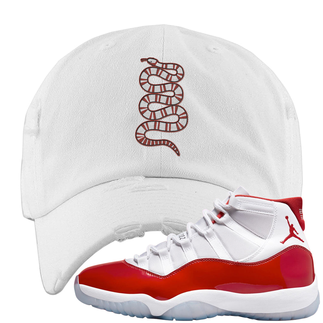 Cherry 11s Distressed Dad Hat | Coiled Snake, White