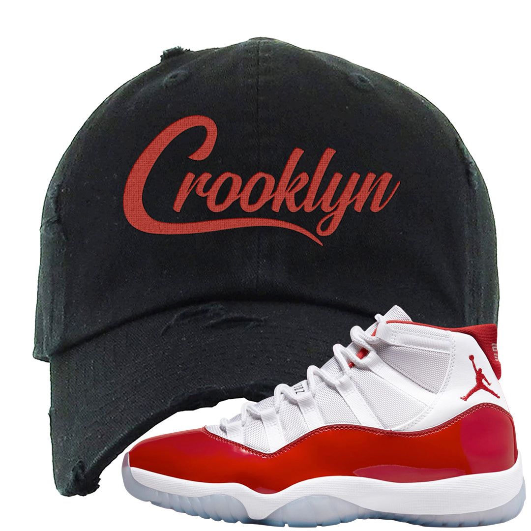 Cherry 11s Distressed Dad Hat | Crooklyn, Black