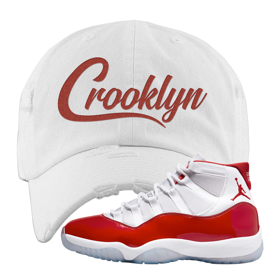 Cherry 11s Distressed Dad Hat | Crooklyn, White