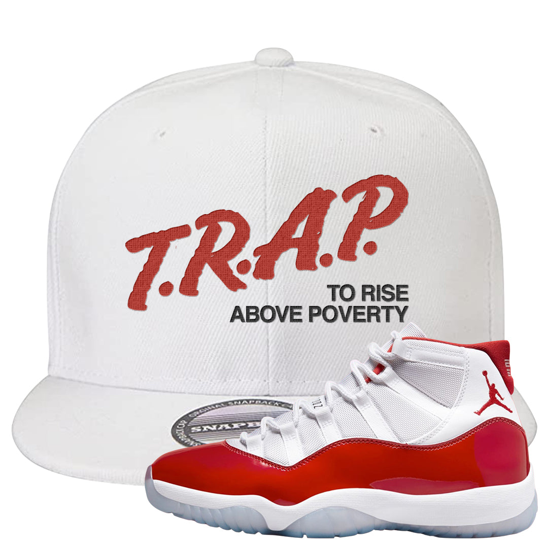 Cherry 11s Snapback Hat | Trap To Rise Above Poverty, White
