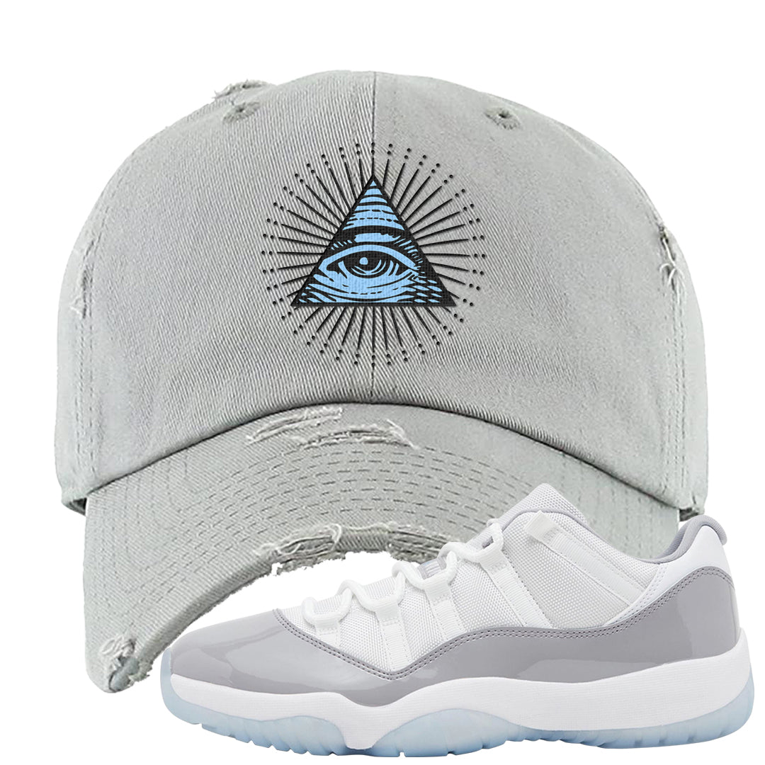 Cement Grey Low 11s Distressed Dad Hat | All Seeing Eye, Light Gray