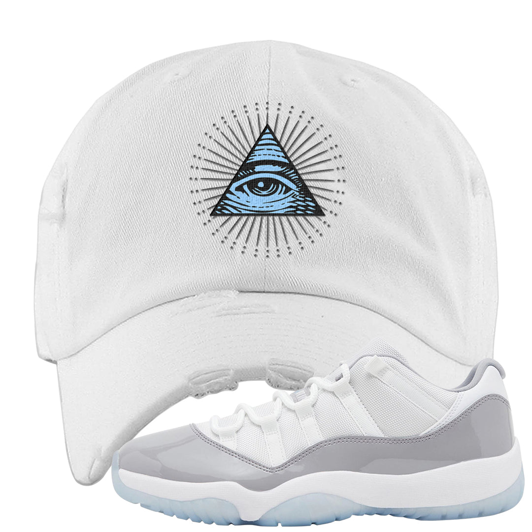 Cement Grey Low 11s Distressed Dad Hat | All Seeing Eye, White