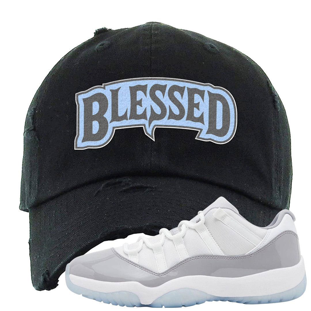 Cement Grey Low 11s Distressed Dad Hat | Blessed Arch, Black
