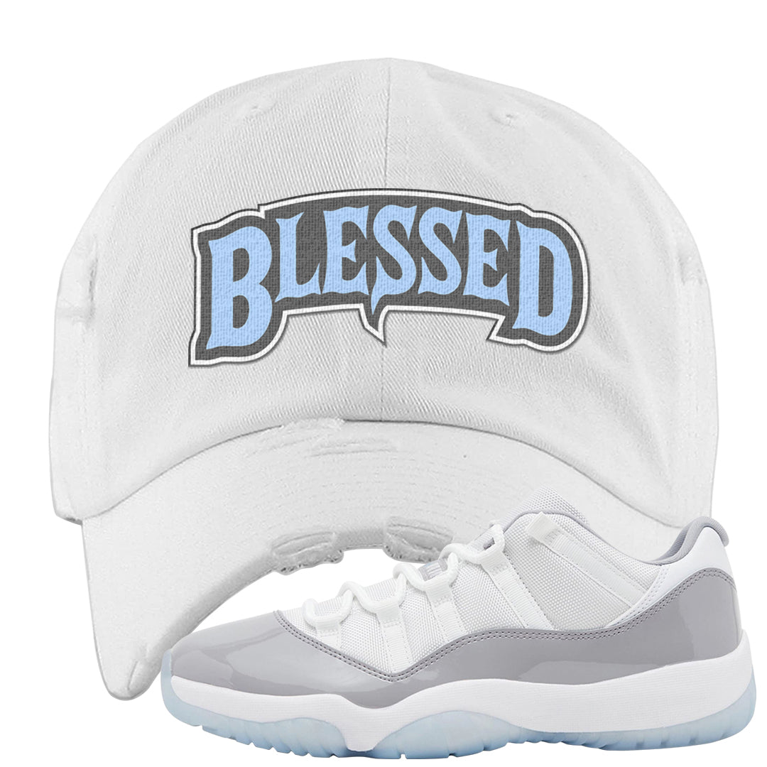 Cement Grey Low 11s Distressed Dad Hat | Blessed Arch, White