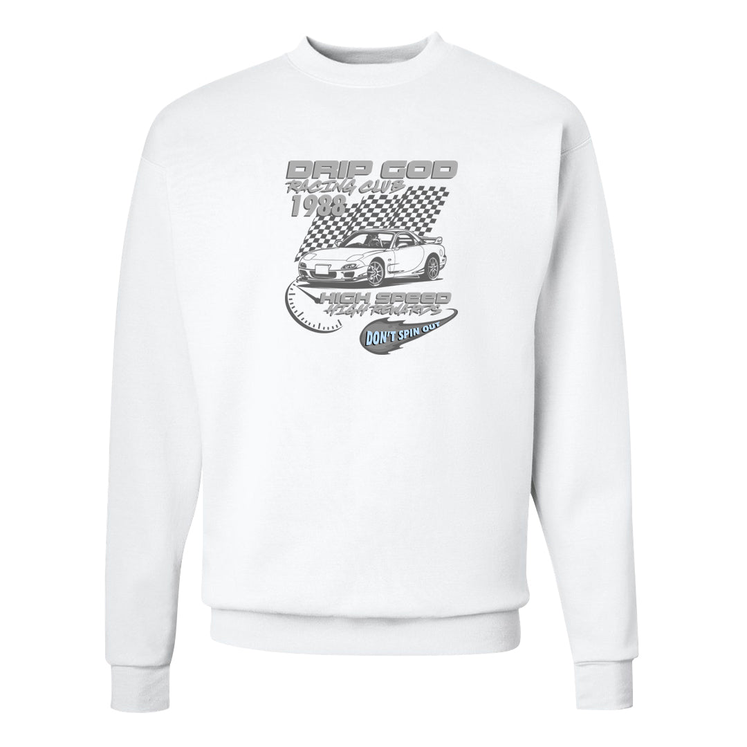 Cement Grey Low 11s Crewneck Sweatshirt | Drip God Racing Club, White