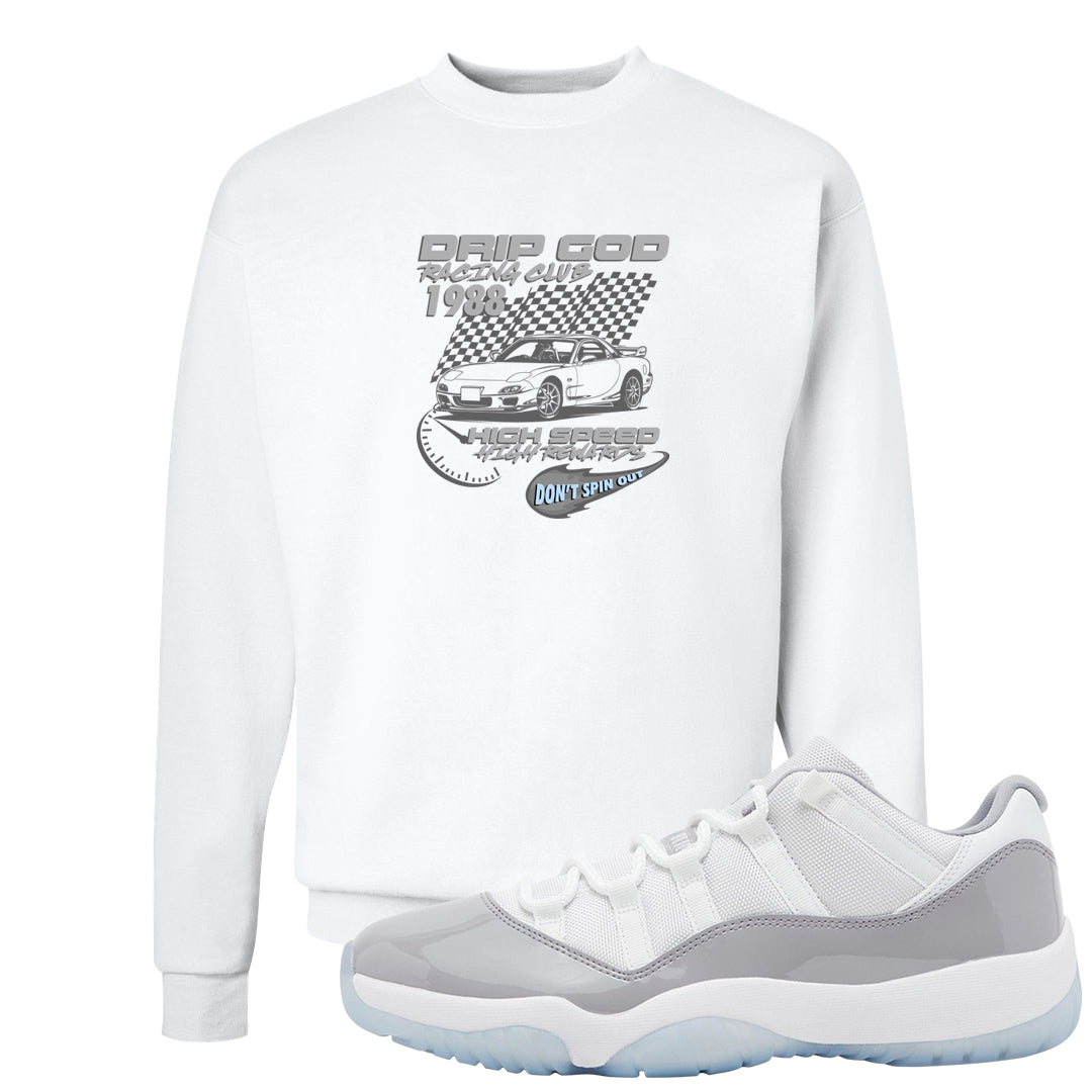 Cement Grey Low 11s Crewneck Sweatshirt | Drip God Racing Club, White