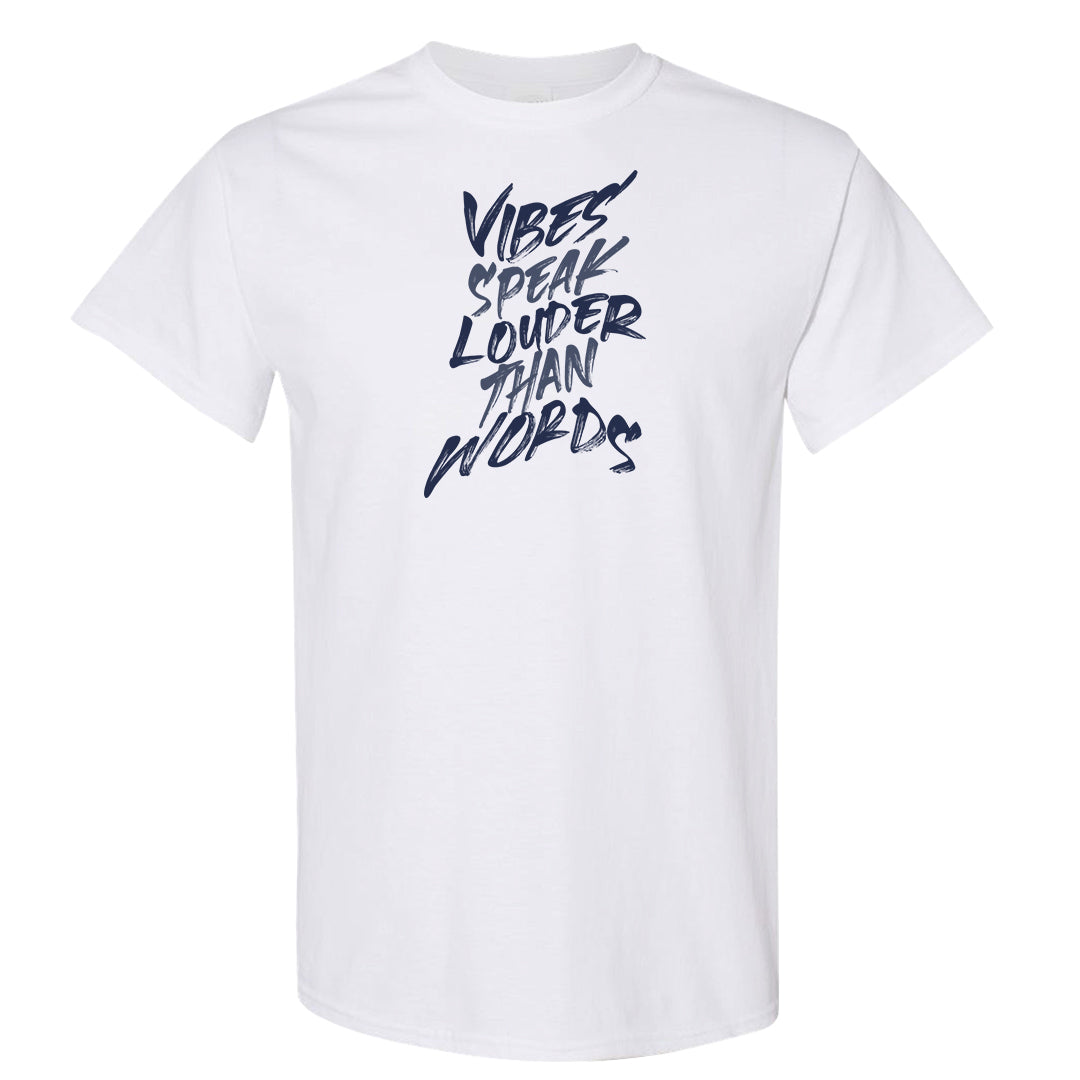 Midnight Navy Metallic Silver 11s T Shirt | Vibes Speak Louder Than Words, White