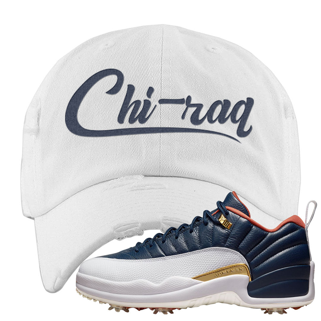 Midnight Navy Golf 12s Distressed Dad Hat | Chiraq, White