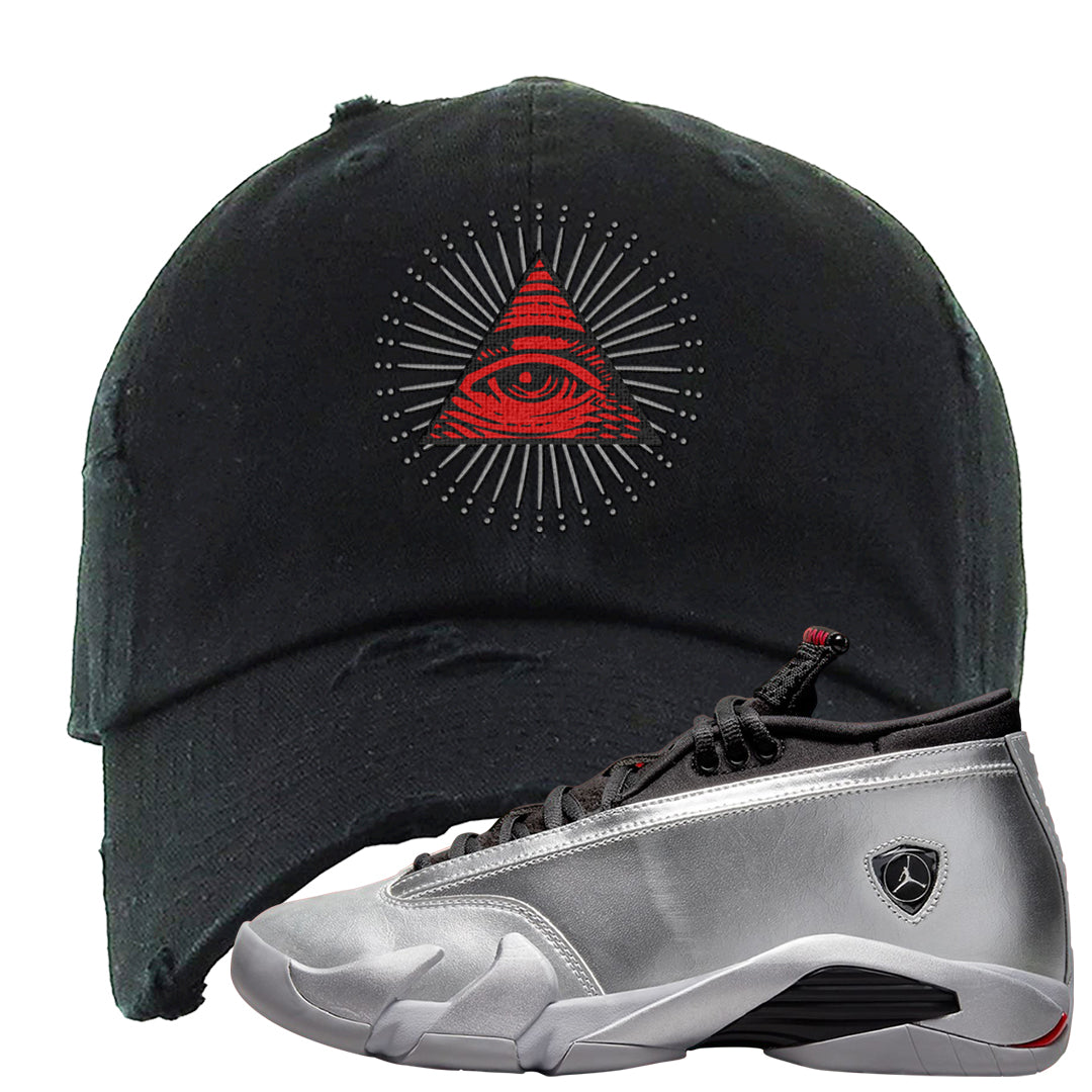 Metallic Silver Low 14s Distressed Dad Hat | All Seeing Eye, Black