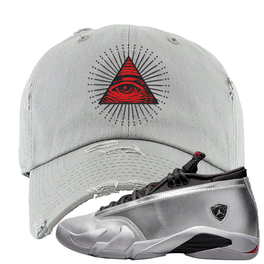Metallic Silver Low 14s Distressed Dad Hat | All Seeing Eye, Light Gray