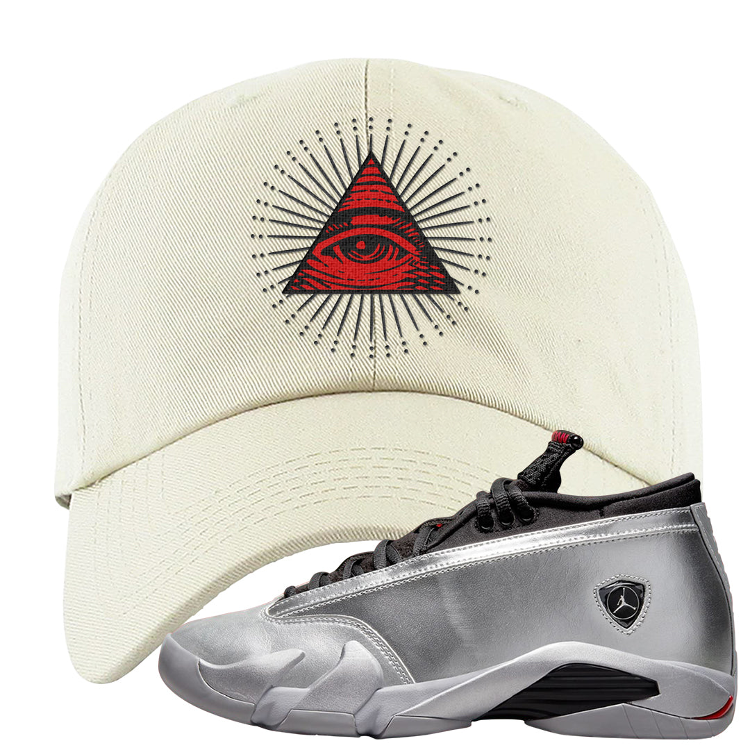 Metallic Silver Low 14s Dad Hat | All Seeing Eye, White