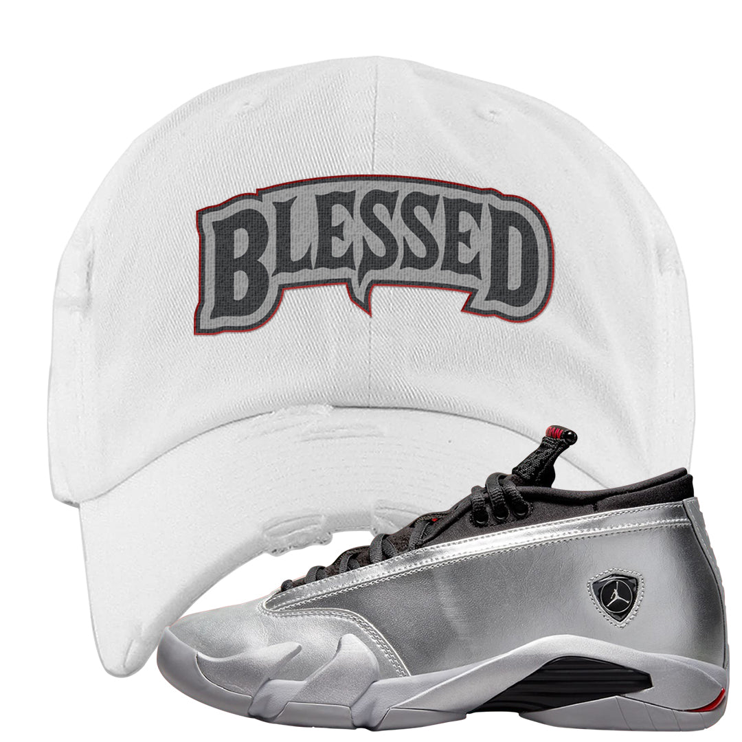 Metallic Silver Low 14s Distressed Dad Hat | Blessed Arch, White