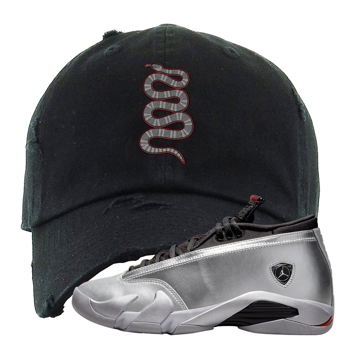 Metallic Silver Low 14s Distressed Dad Hat | Coiled Snake, Black