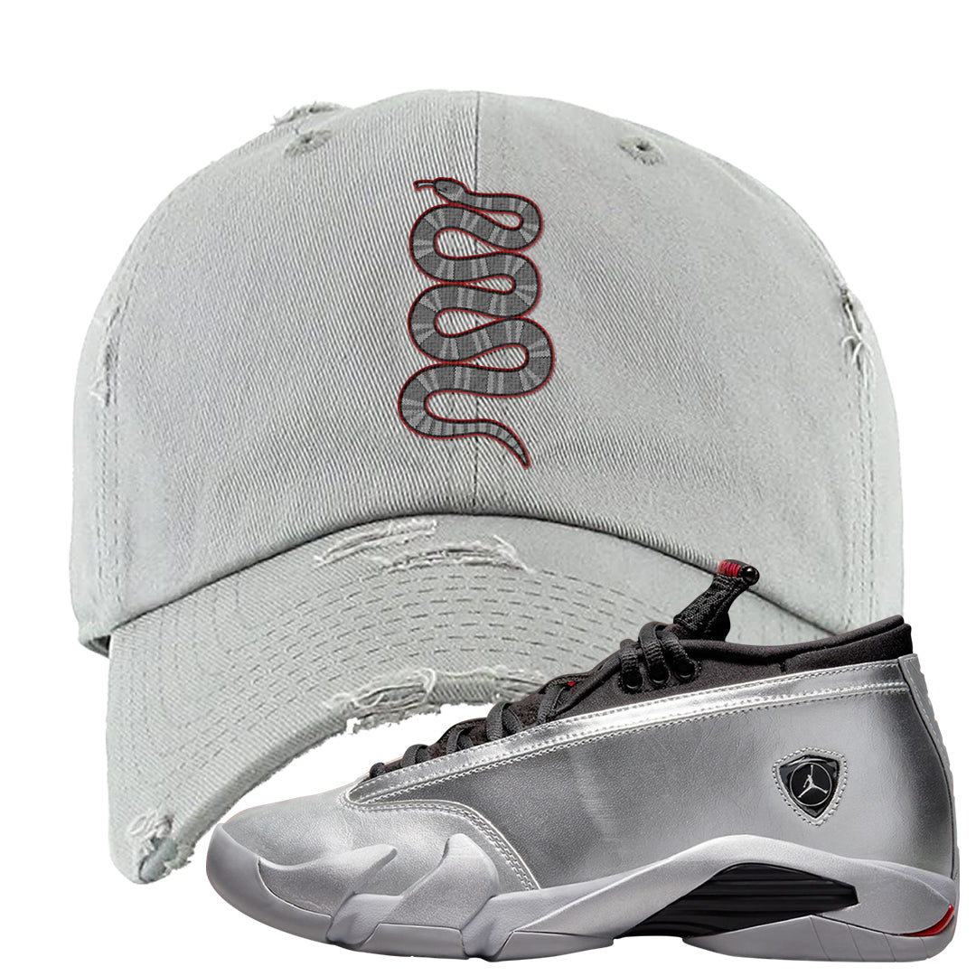 Metallic Silver Low 14s Distressed Dad Hat | Coiled Snake, Light Gray