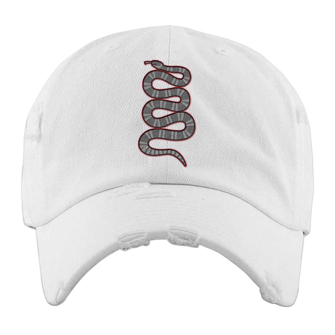 Metallic Silver Low 14s Distressed Dad Hat | Coiled Snake, White