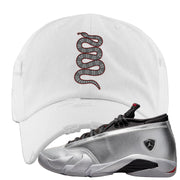 Metallic Silver Low 14s Distressed Dad Hat | Coiled Snake, White