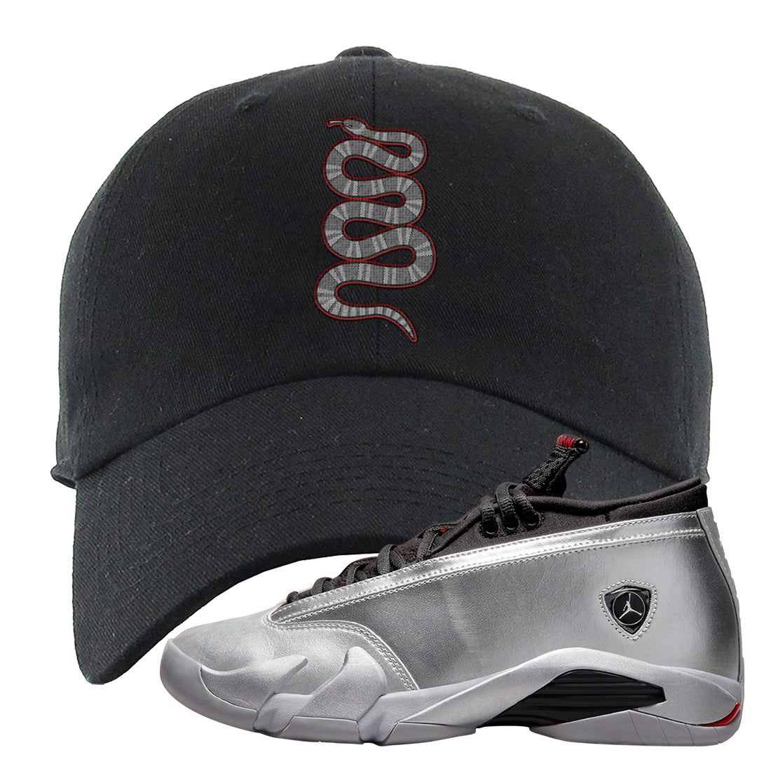 Metallic Silver Low 14s Dad Hat | Coiled Snake, Black
