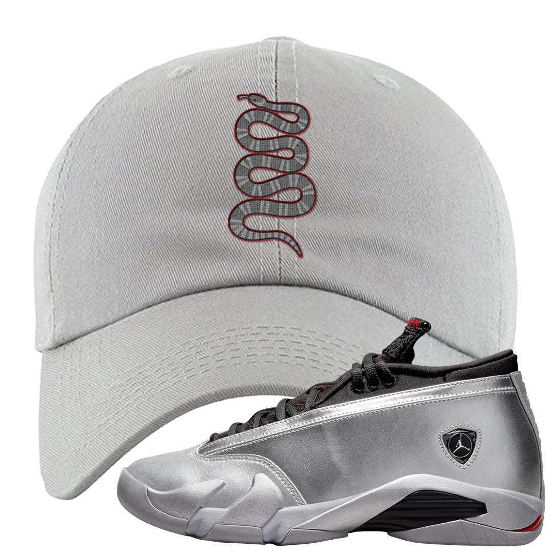 Metallic Silver Low 14s Dad Hat | Coiled Snake, Light Gray