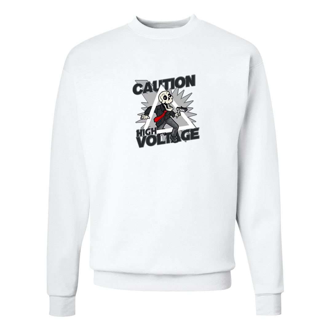 Metallic Silver Low 14s Crewneck Sweatshirt | Caution High Voltage, White