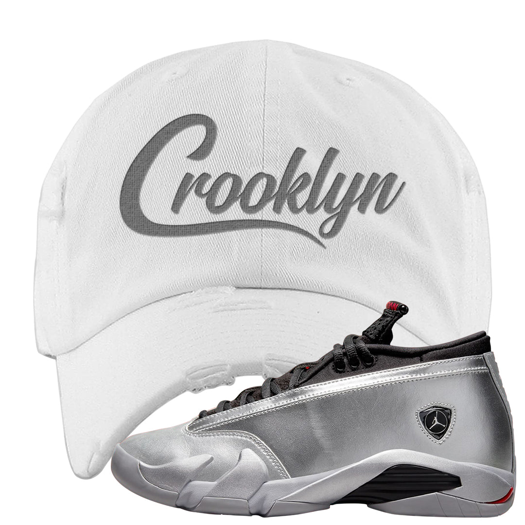 Metallic Silver Low 14s Distressed Dad Hat | Crooklyn, White