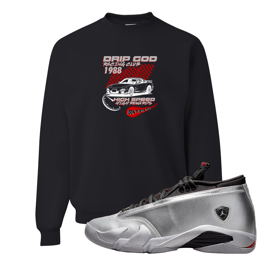Metallic Silver Low 14s Crewneck Sweatshirt | Drip God Racing Club, Black