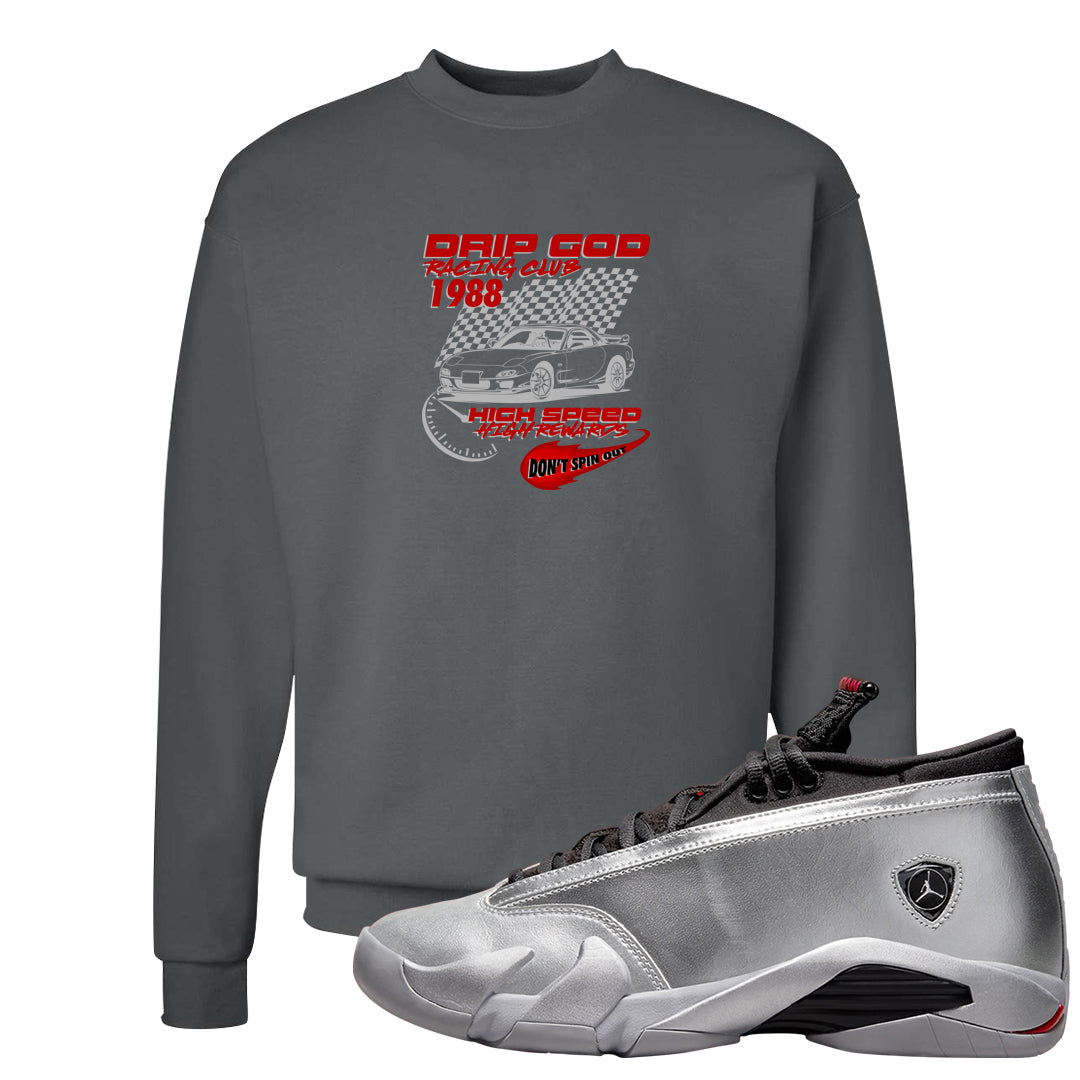 Metallic Silver Low 14s Crewneck Sweatshirt | Drip God Racing Club, Smoke Grey
