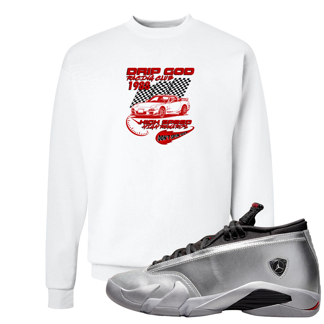 Metallic Silver Low 14s Crewneck Sweatshirt | Drip God Racing Club, White