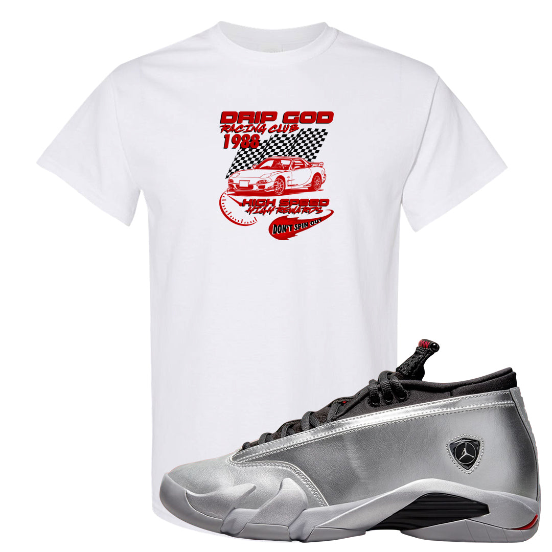 Metallic Silver Low 14s T Shirt | Drip God Racing Club, White