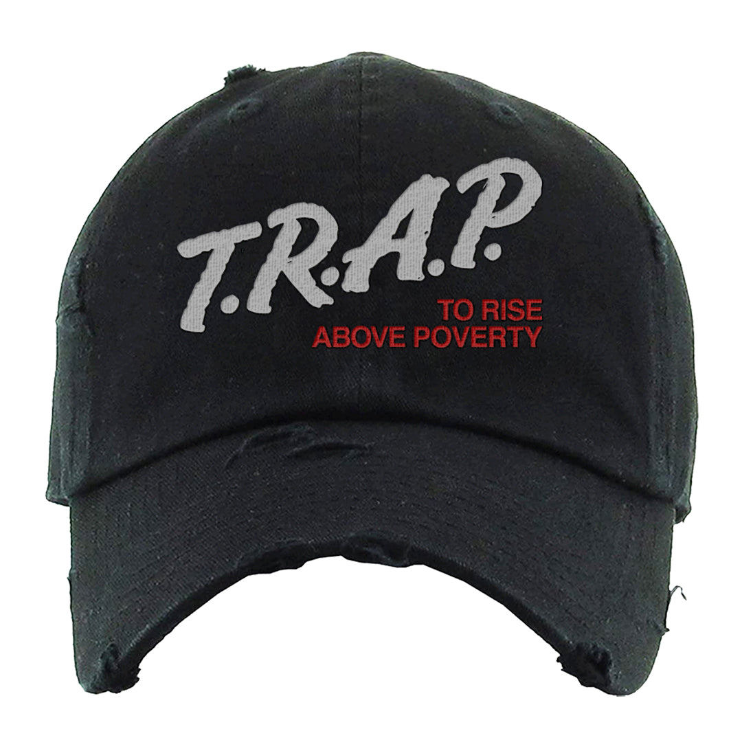 Metallic Silver Low 14s Distressed Dad Hat | Trap To Rise Above Poverty, Black