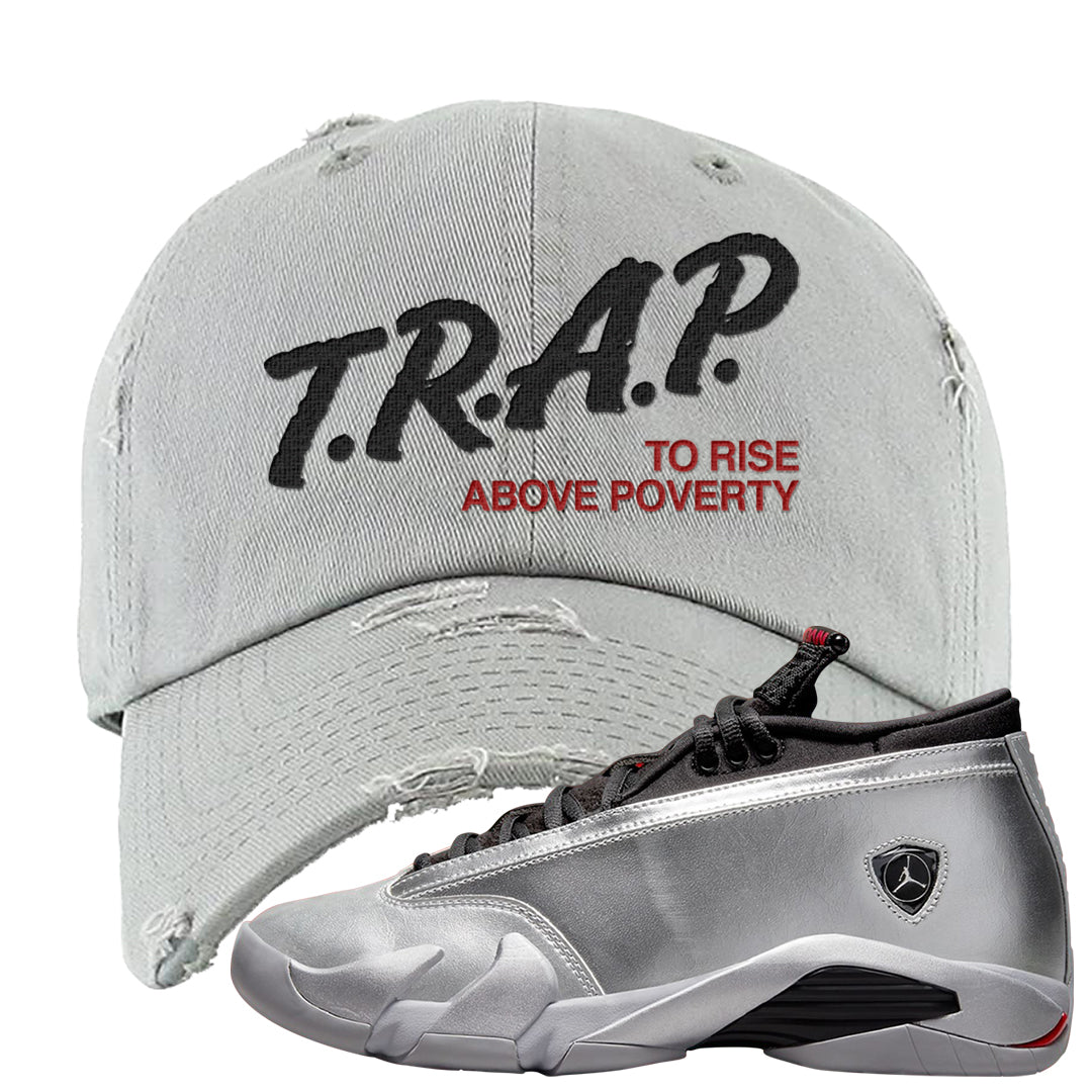Metallic Silver Low 14s Distressed Dad Hat | Trap To Rise Above Poverty, Light Gray