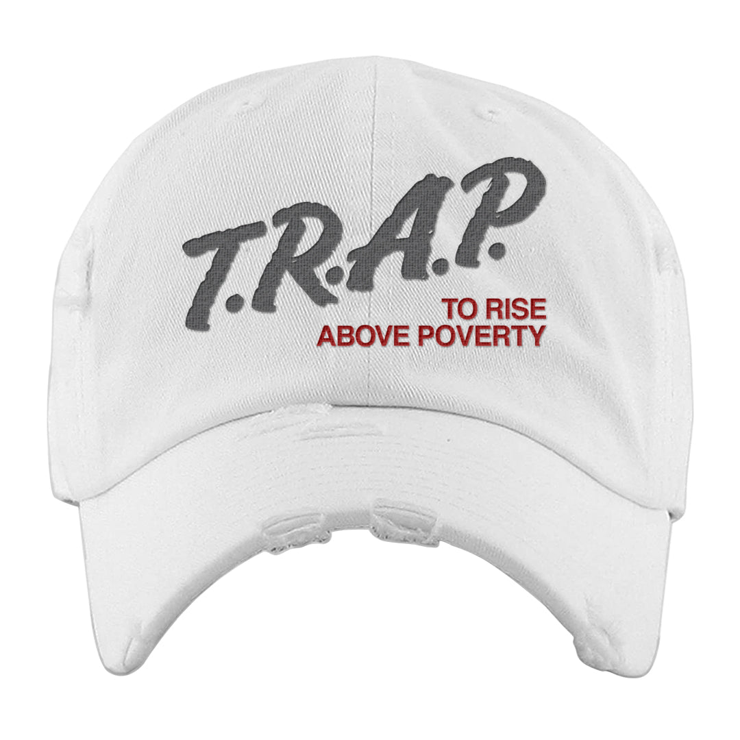 Metallic Silver Low 14s Distressed Dad Hat | Trap To Rise Above Poverty, White