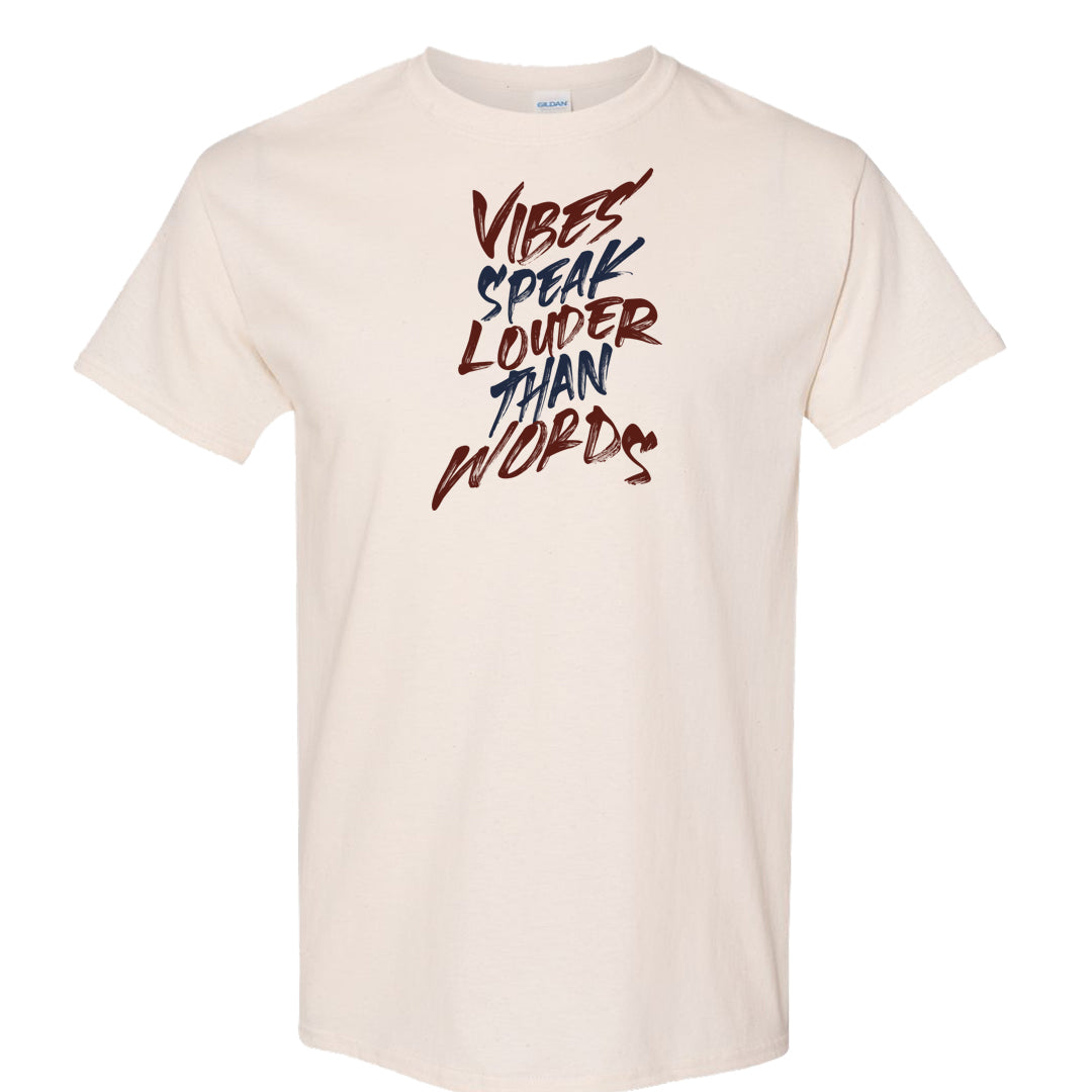 Burnt Sunrise White Navy 1s T Shirt | Vibes Speak Louder Than Words, Natural