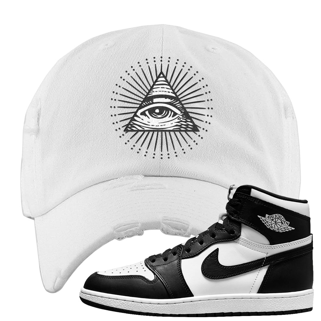Black White Hi 85 1s Distressed Dad Hat | All Seeing Eye, White