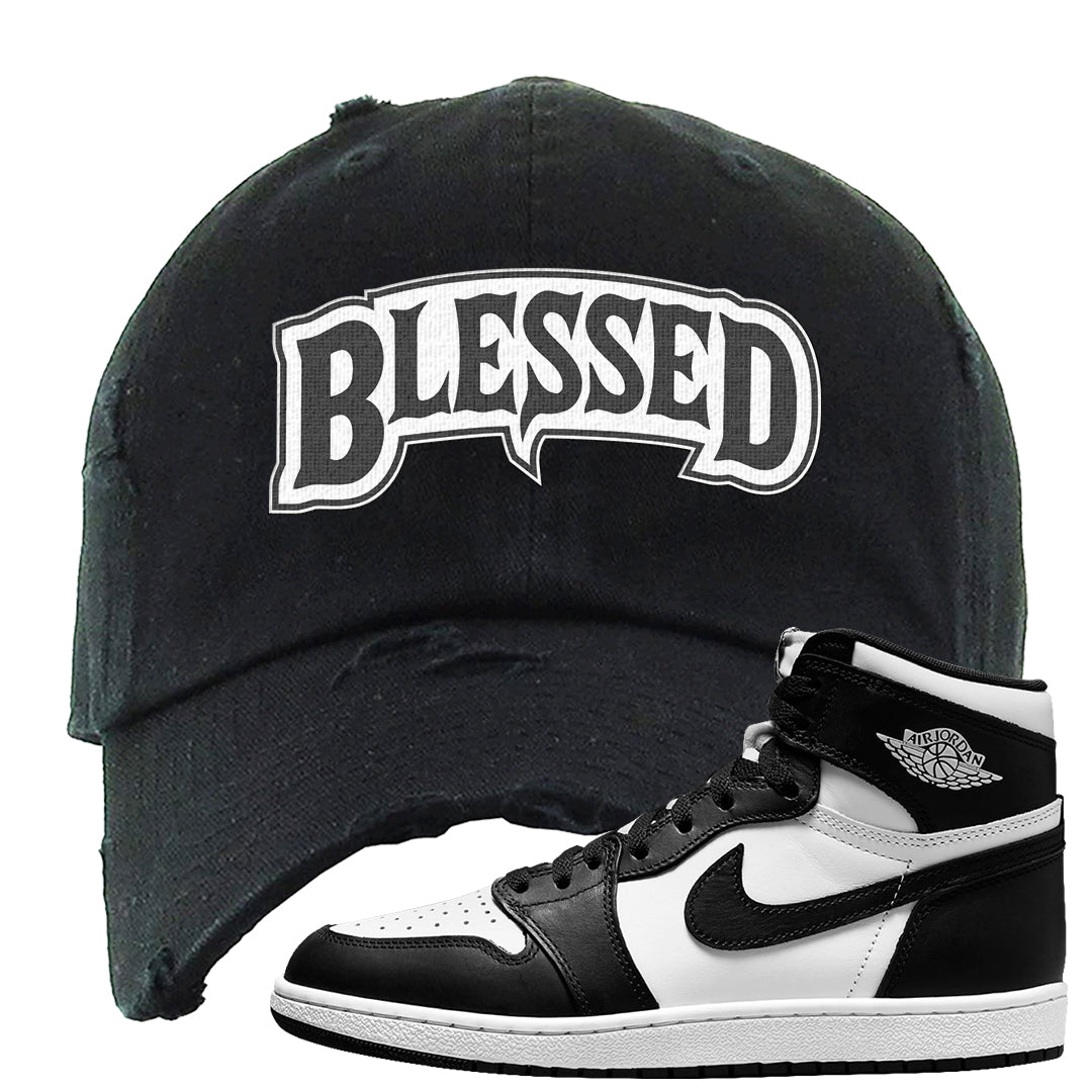 Black White Hi 85 1s Distressed Dad Hat | Blessed Arch, Black