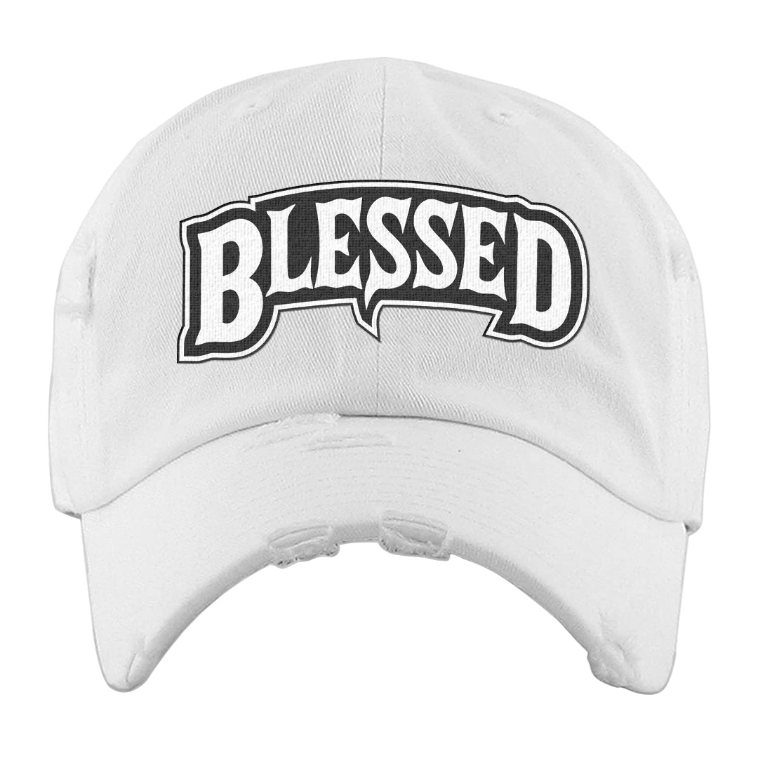 Black White Hi 85 1s Distressed Dad Hat | Blessed Arch, White