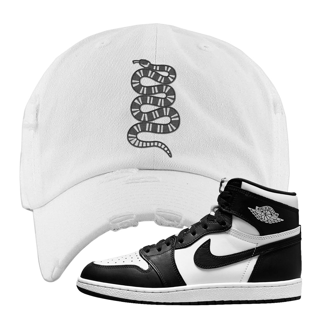 Black White Hi 85 1s Distressed Dad Hat | Coiled Snake, White
