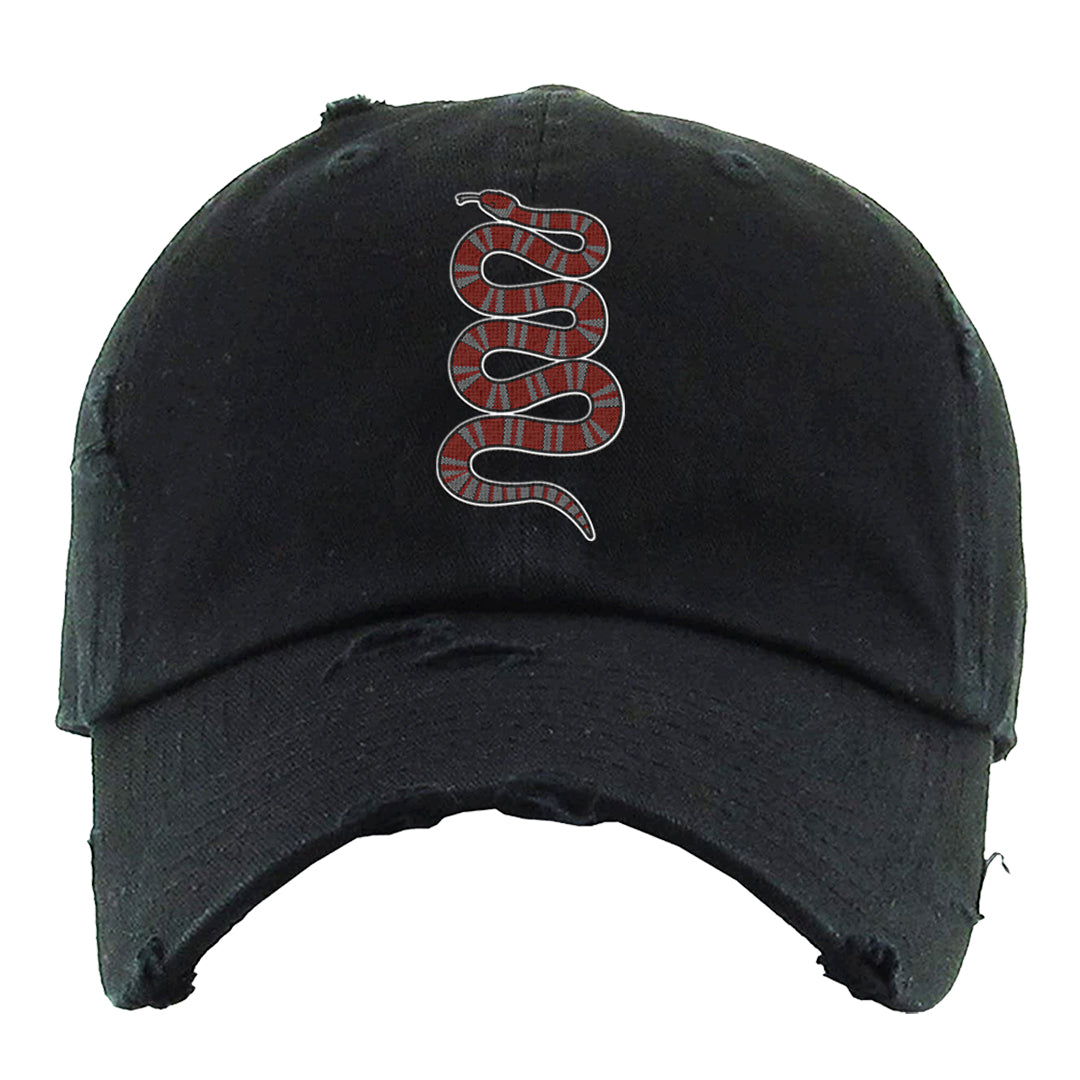 Dark Grey Varsity Red Low 1s Distressed Dad Hat | Coiled Snake, Black