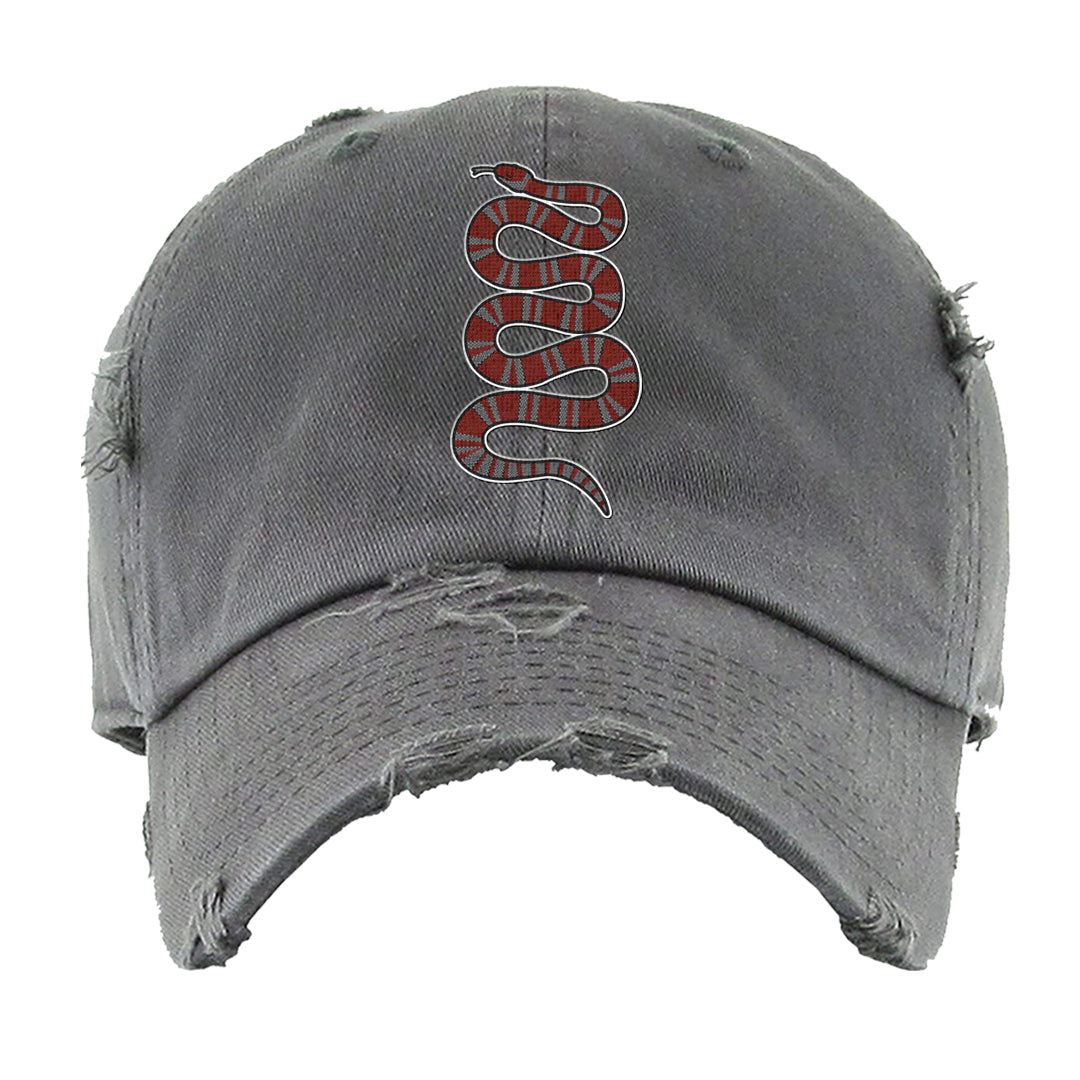 Dark Grey Varsity Red Low 1s Distressed Dad Hat | Coiled Snake, Dark Grey