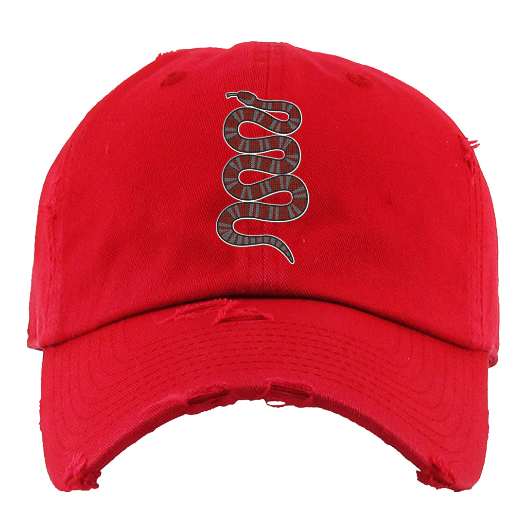 Dark Grey Varsity Red Low 1s Distressed Dad Hat | Coiled Snake, Red