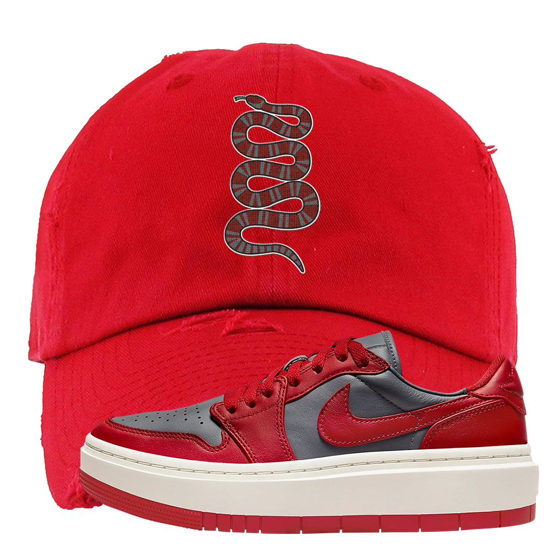 Dark Grey Varsity Red Low 1s Distressed Dad Hat | Coiled Snake, Red