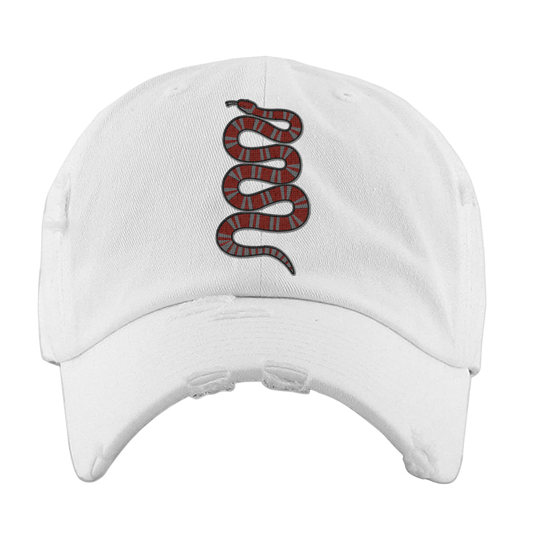 Dark Grey Varsity Red Low 1s Distressed Dad Hat | Coiled Snake, White