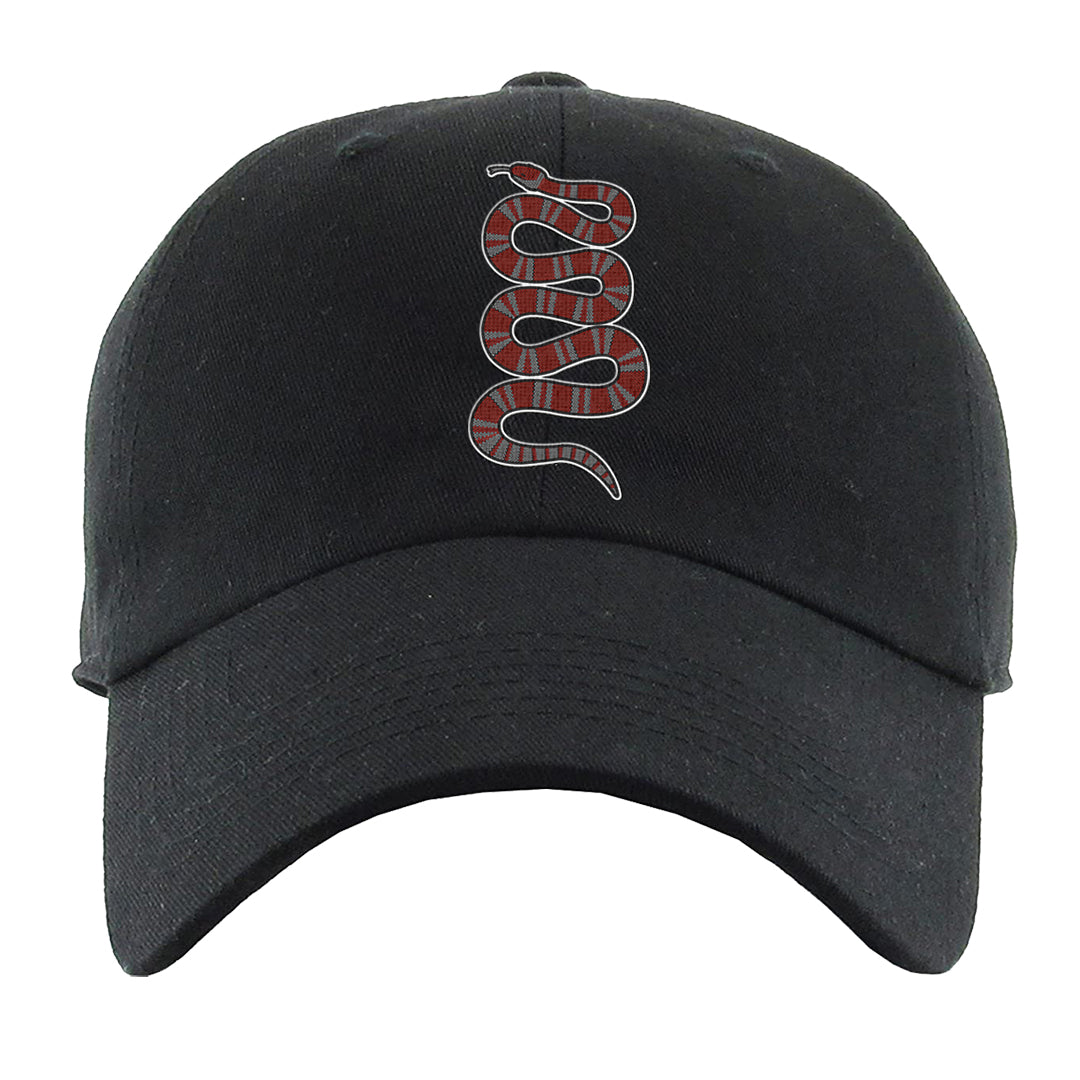 Dark Grey Varsity Red Low 1s Dad Hat | Coiled Snake, Black