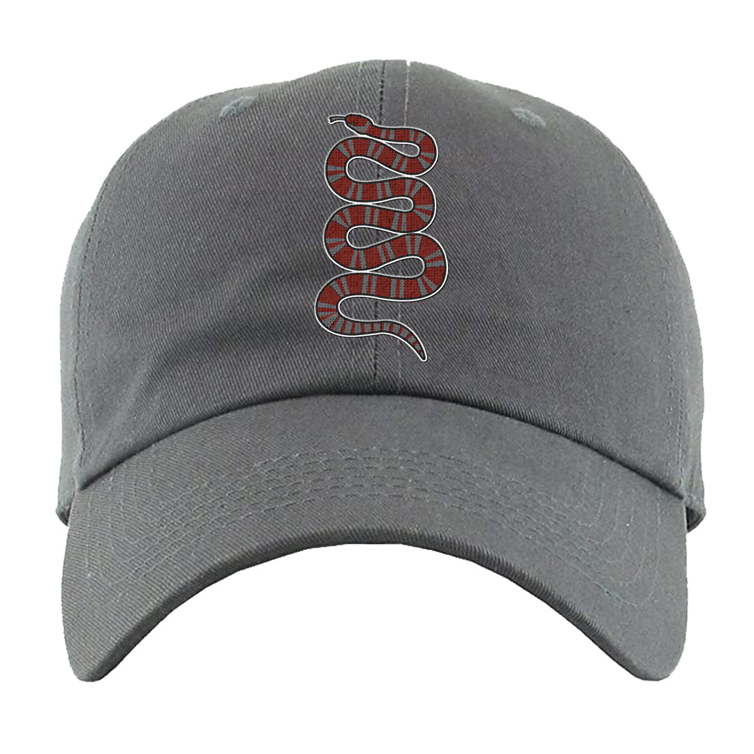 Dark Grey Varsity Red Low 1s Dad Hat | Coiled Snake, Dark Grey